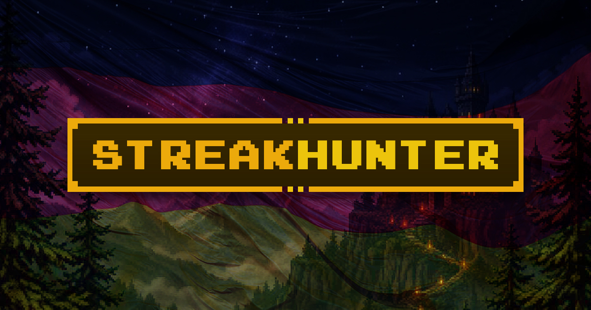 Pixel-art hunter in front of a glowing quest journal next to a German flag banner