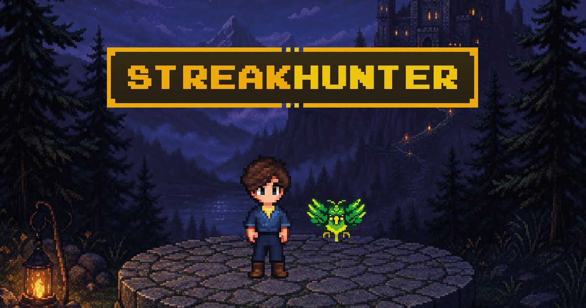 Pixel-art hunter reading a glowing quest journal with XP sparks