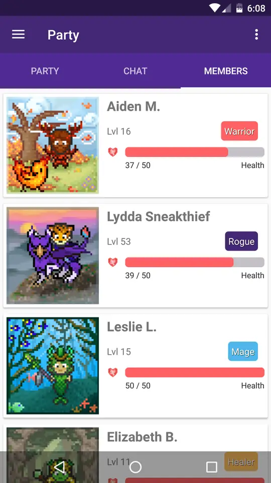 Habitica party members screen with classes and health bars