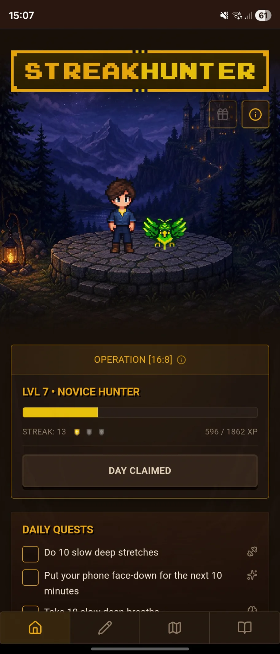 Streakhunter home screen with three daily quests