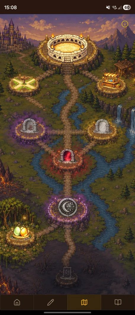 Persista world map with Arena, Rifts, Eclipse, breeding nest, shop and quest board