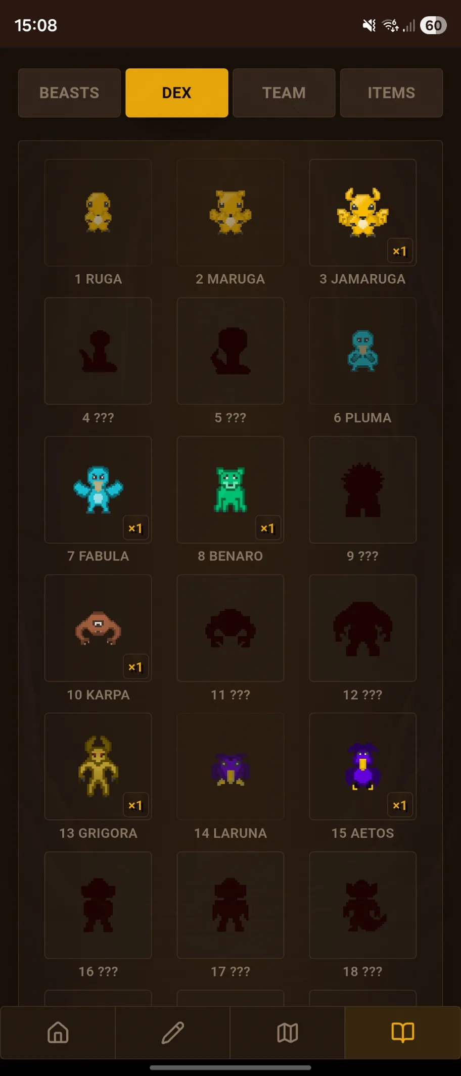 Beast Dex with unlocked beasts and locked silhouettes