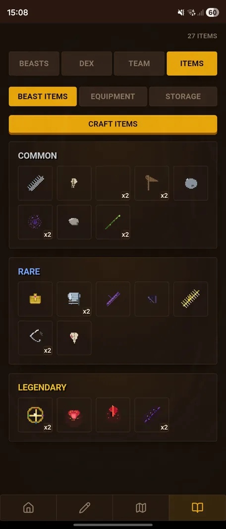 Items inventory across Common, Rare and Legendary
