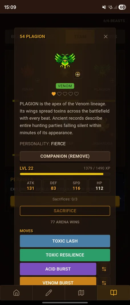 Plagion detail view with moves, stats and Companion bond