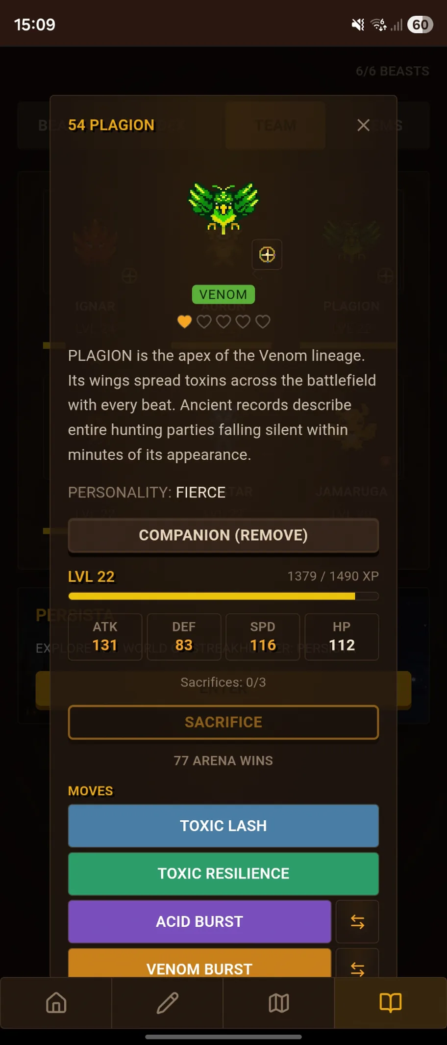 Plagion beast detail view with stats, personality and moves