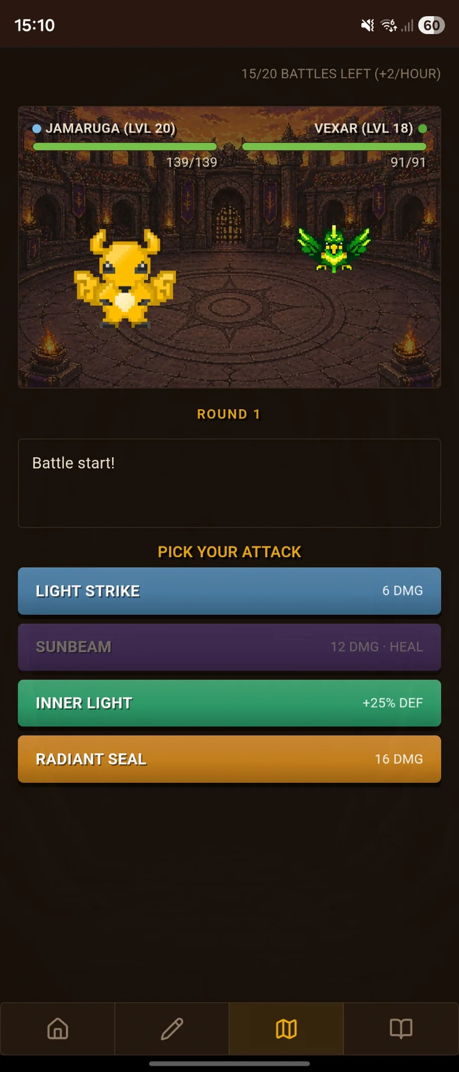 Turn-based Arena battle with elemental moves
