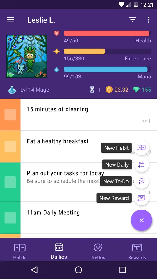 Habitica task screen with habits, dailies and to-dos